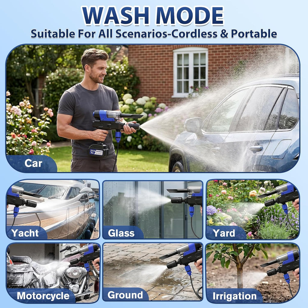 Cordless Pressure Washer, Multifunctional Power Washer for Wash,Blow,Vacuum | Portable Pressure Washer with 2*21V Batteries, 5-In-1 Nozzle, Battery Powered Pressure Washer for Car, Patio & Home Cleaning