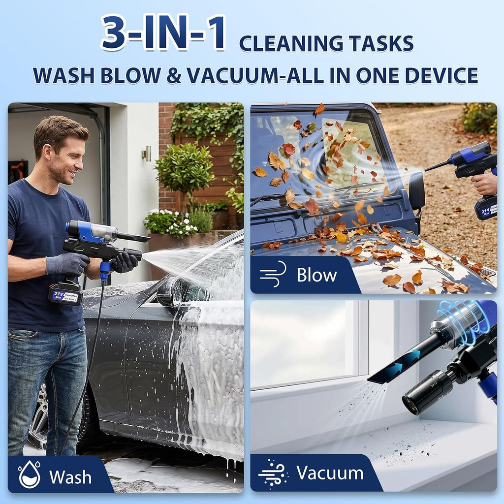 Cordless Pressure Washer, Multifunctional Power Washer for Wash,Blow,Vacuum | Portable Pressure Washer with 2*21V Batteries, 5-In-1 Nozzle, Battery Powered Pressure Washer for Car, Patio & Home Cleaning
